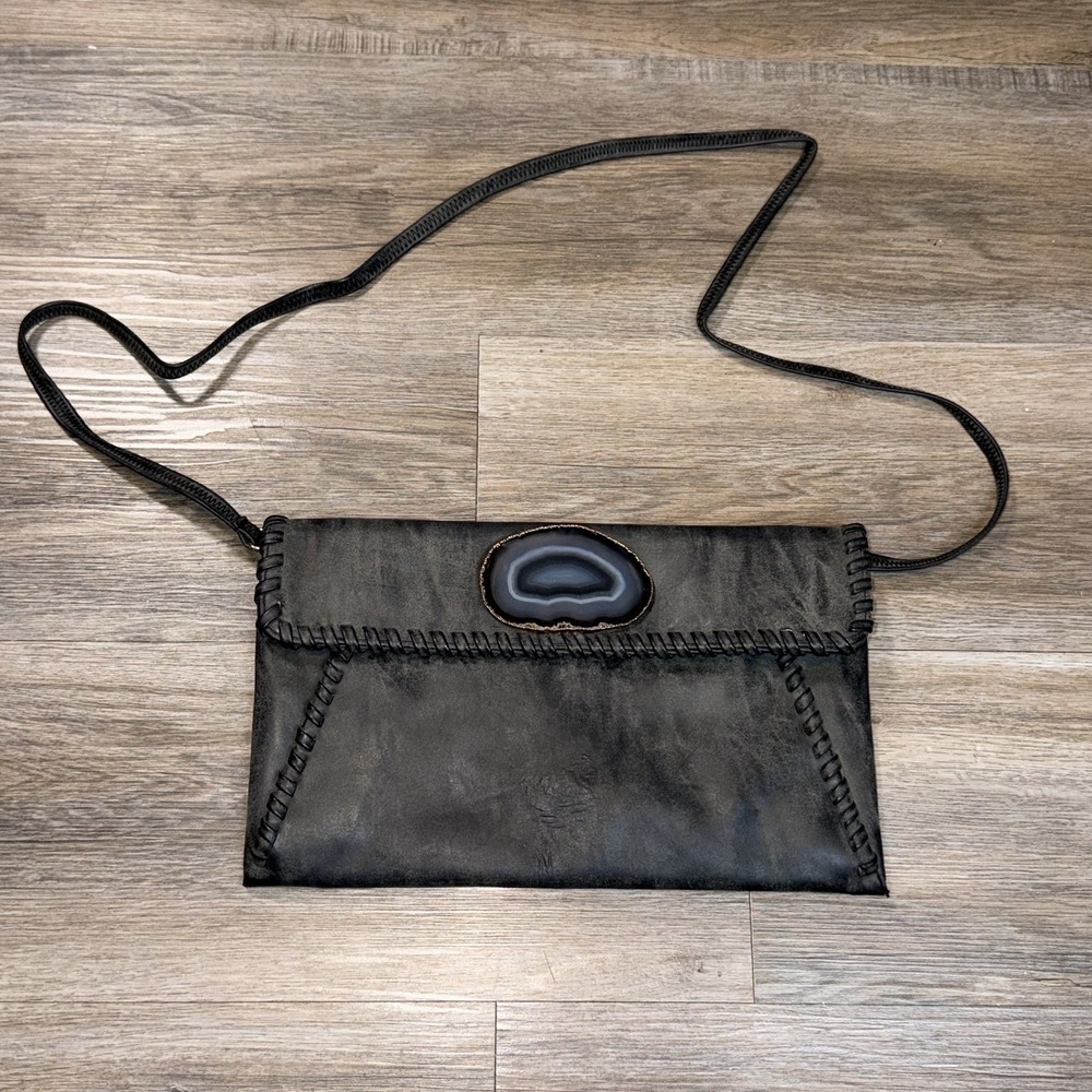 Wimberly Gray Geode Clutch w/ Brazilian Agate Geode Accent Whipstitch Detailing